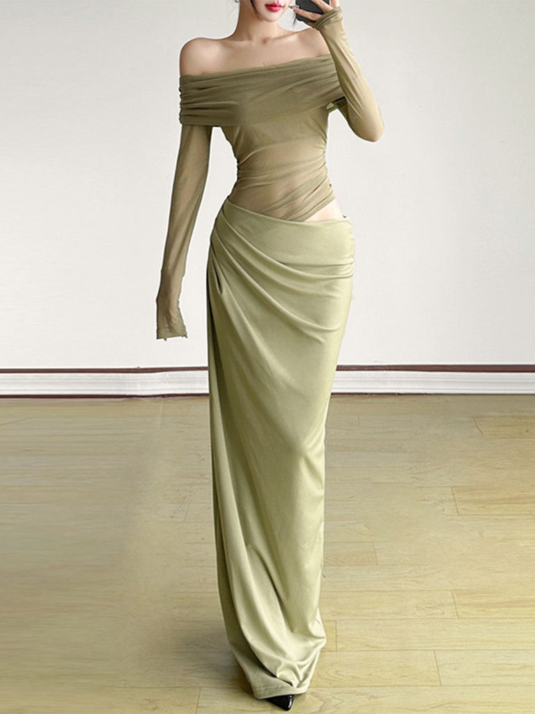 1980er Solide Schulterfrei Netz Cut-Out Durchsichtig Kleid