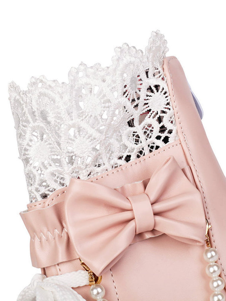 Vintage Spitze Perlen Bogen Blockabsatz Stiefel