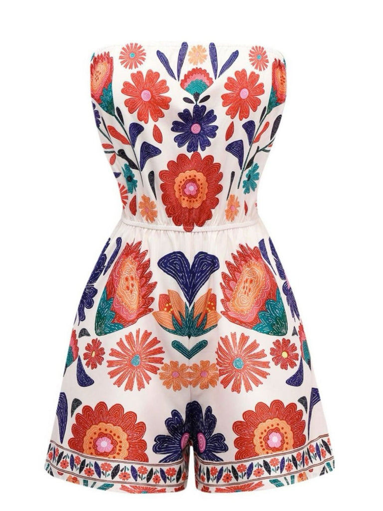 Multicolor 1960er Blumen Bandeau Rückenfrei Romper