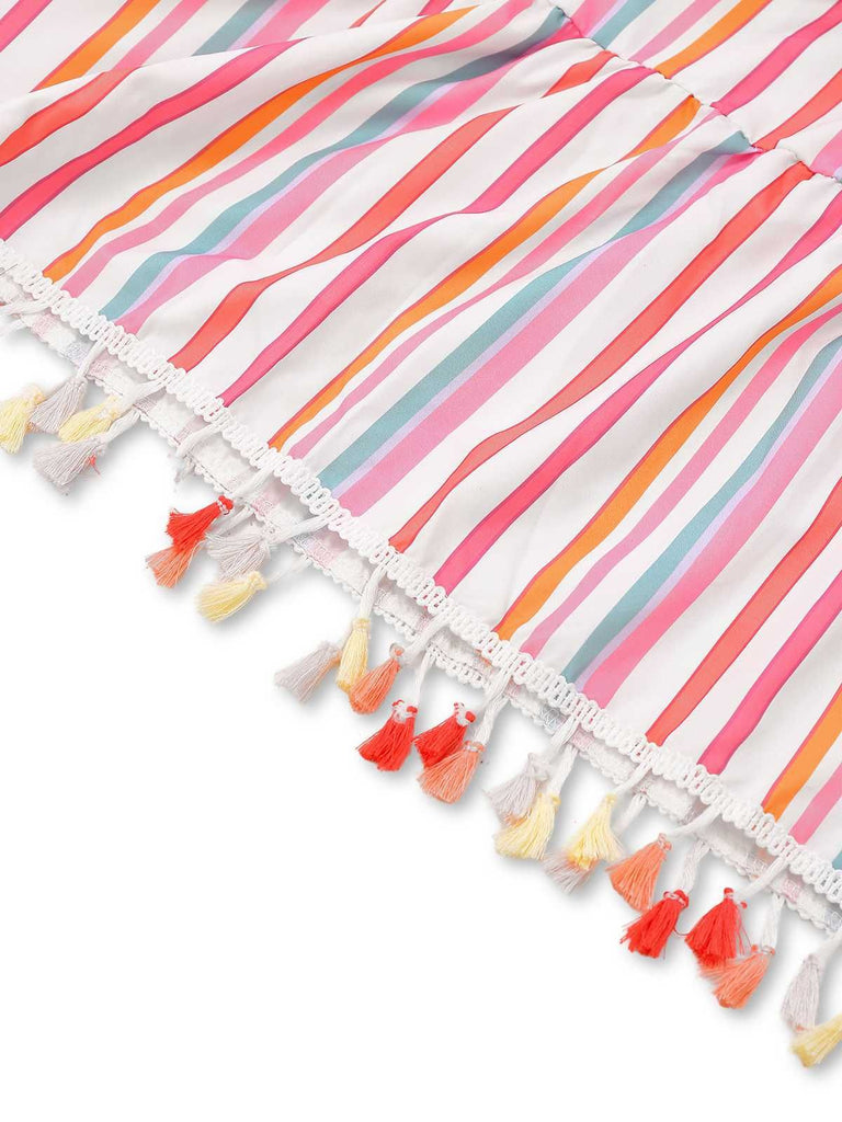 1970er Spaghetti Träger Regenbogen Streifen Stufenkleid