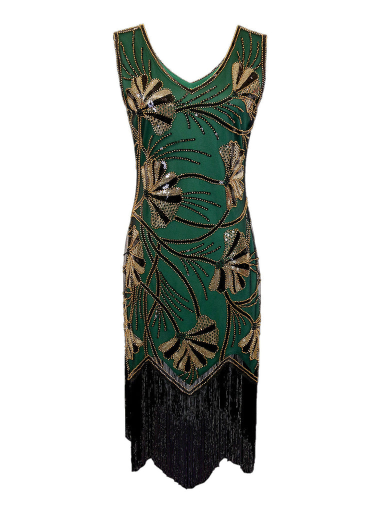 1920er V-Ausschnitt Pailletten Perlenbesatz Flapper Kleid