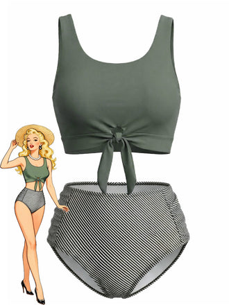 Olivgrün 1940er Binde Front Hohe Taille Tankini Set
