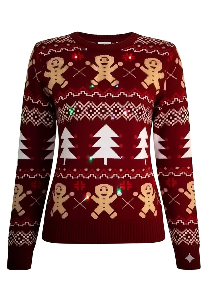 Rot 1960er Weihnachtsbaum & Lebkuchen Pullover