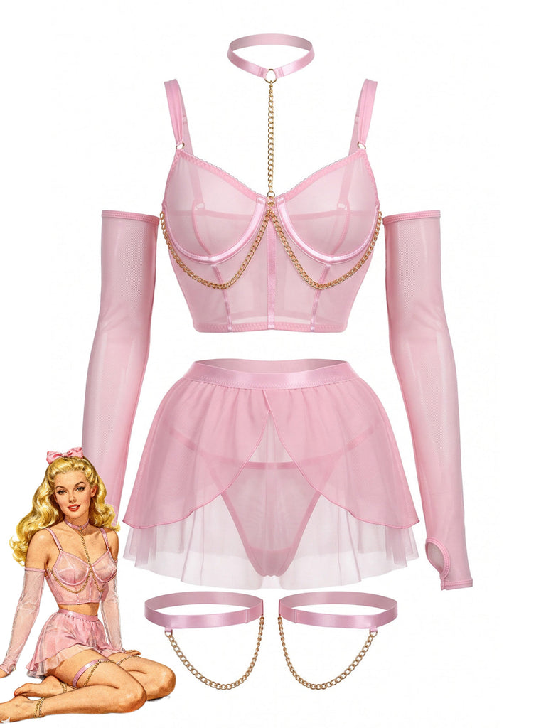 Rosa 80er Mesh-Dessous-Set mit Ketten und Choker
