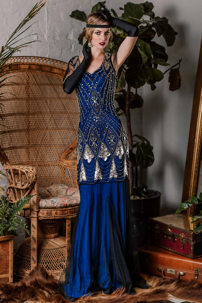 Blau 1920er Pailletten Maxi Klappe Kleid