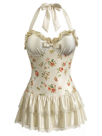Apricoter 40er Badeanzug mit Ditsy-Blumen und Neckholder