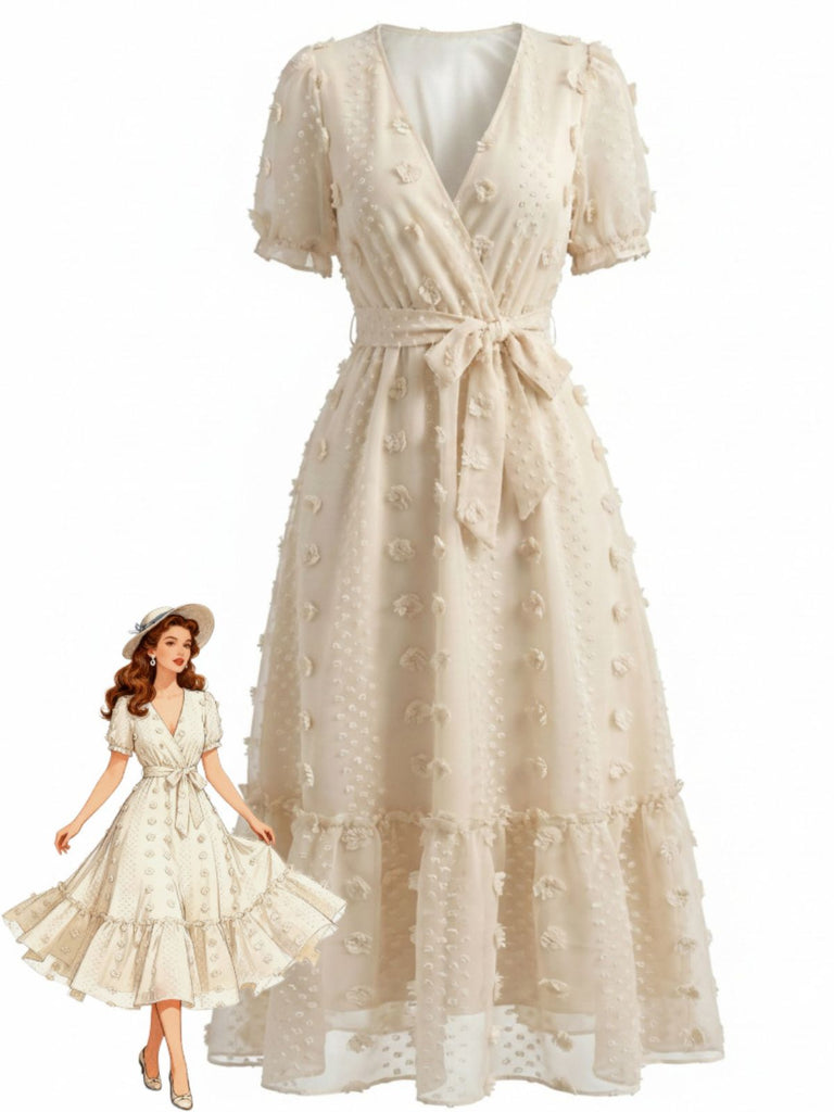 Beige 70er Kleid mit V-Ausschnitt und Blumen
