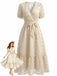 Beige 70er Kleid mit V-Ausschnitt und Blumen