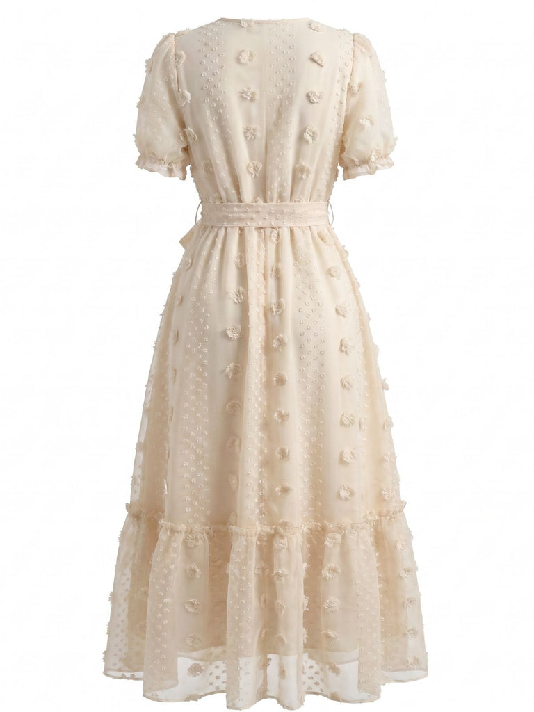 Beige 70er Kleid mit V-Ausschnitt und Blumen