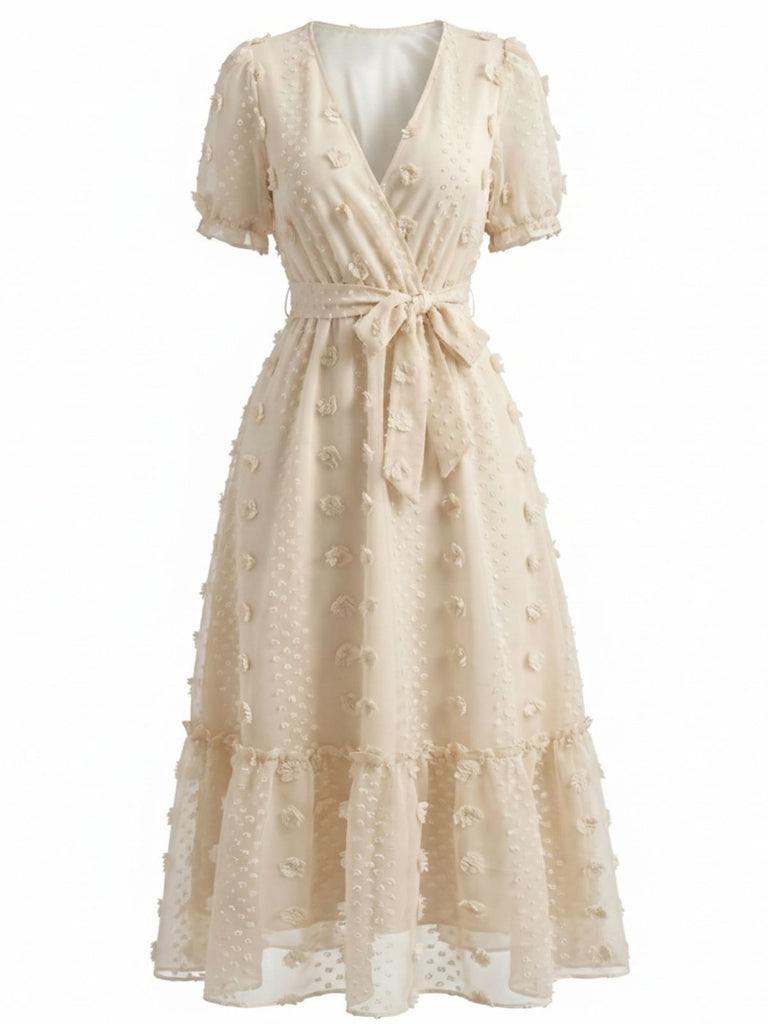 Beige 70er Kleid mit V-Ausschnitt und Blumen