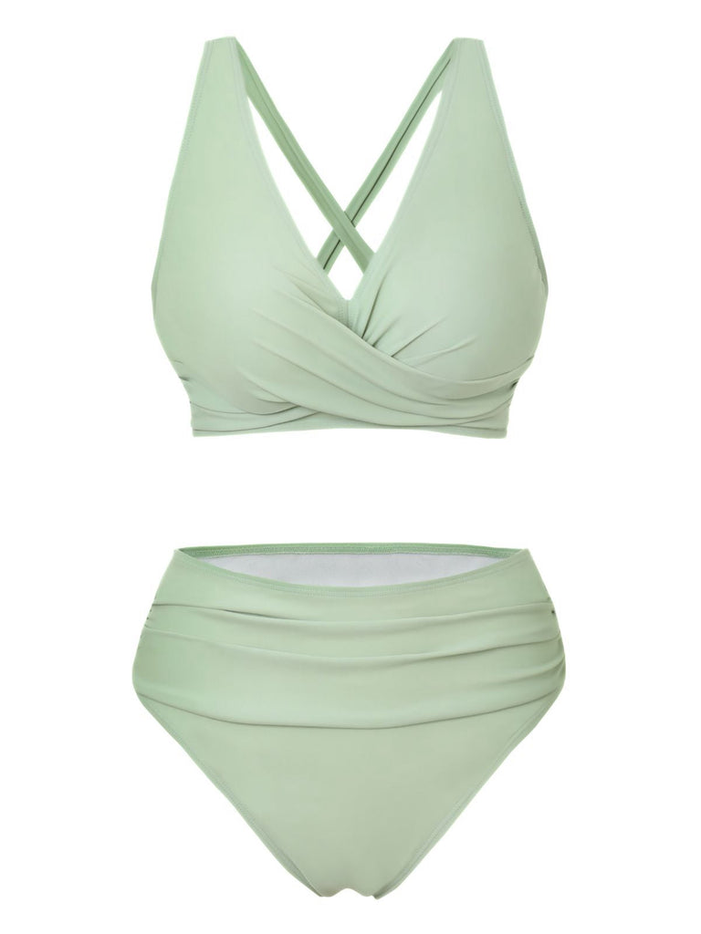 Vintage-Wickelbikini mit gekreuztem Oberteil und hochgeschnittenem Höschen im Retro-Stil der 1950er Jahre