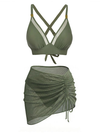 Vorderseite: 3-teiliges Bikini-Set aus den 1950er Jahren mit massiven Metallknöpfen, eleganter Vintage-Stil, perfekt für Liebhaberinnen von Vintage-Mode