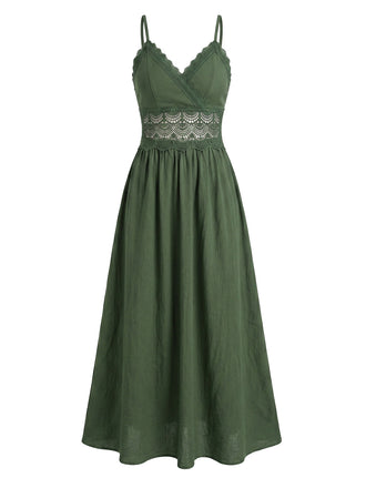 Grünes 30er Smockkleid mit V-Ausschnitt und Patchwork