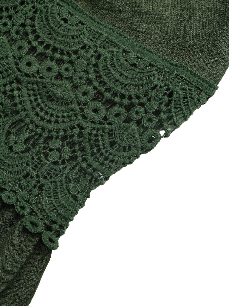 Grünes 30er Smockkleid mit V-Ausschnitt und Patchwork