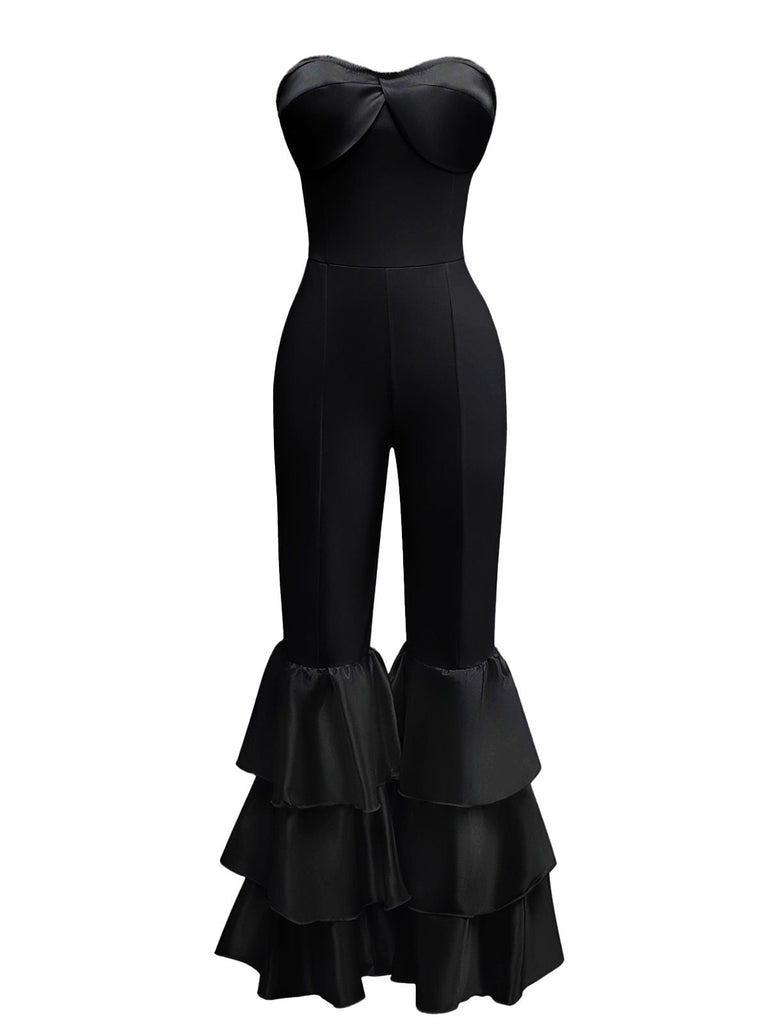 1970er Boho Trägerloses Solide Plissiertes Rüschen Jumpsuit