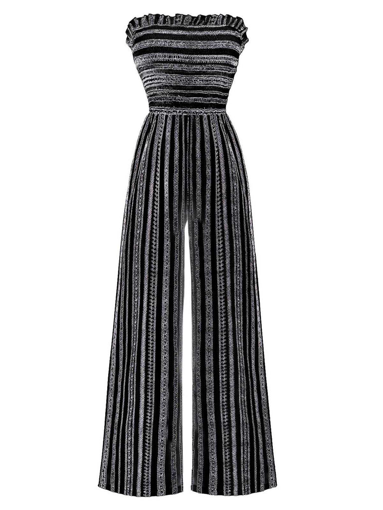 1970er Trägerlos Boho Streifen Weites Bein Jumpsuit