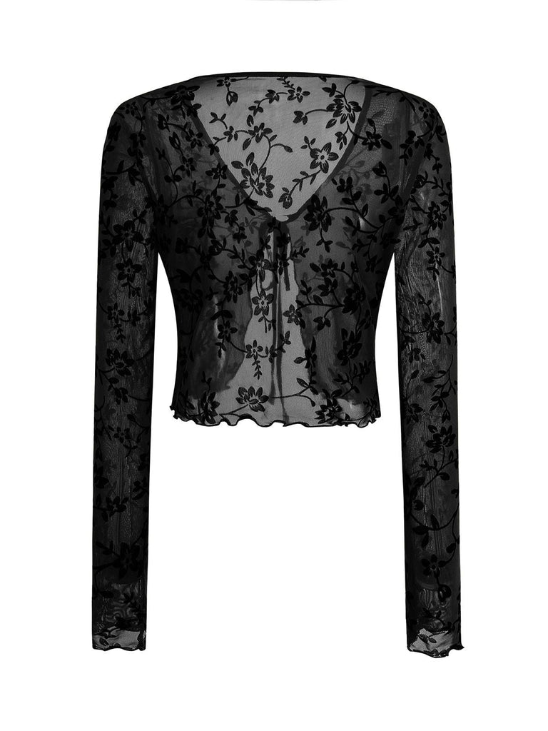 1980er Sheer Botanischer Druck Schnürung Cardigan
