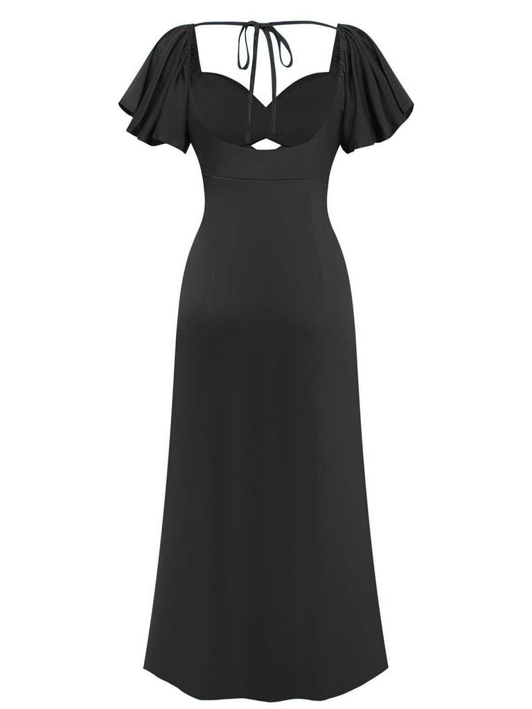 1930er Herz Neck Rüschen Sleeve Satin Kleid