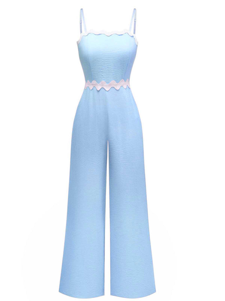 1970er Welle-Trimmen Spaghetti Träger Weites Bein Jumpsuit