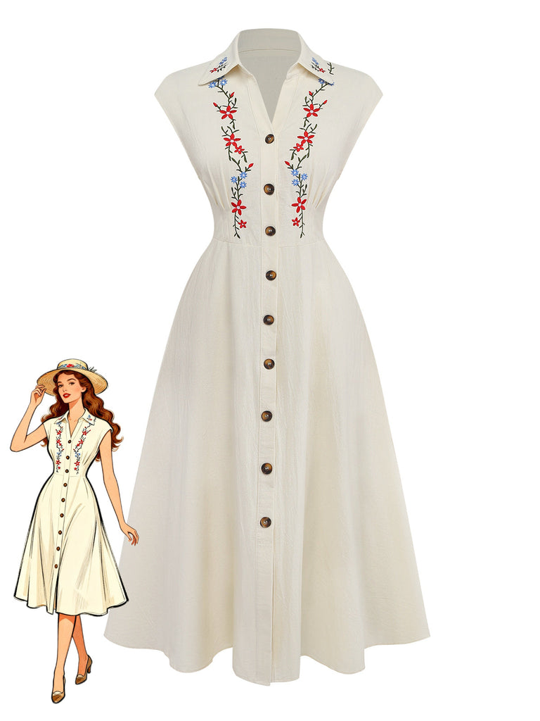 Beige 40er Kleid mit Kappärmel und Blumen