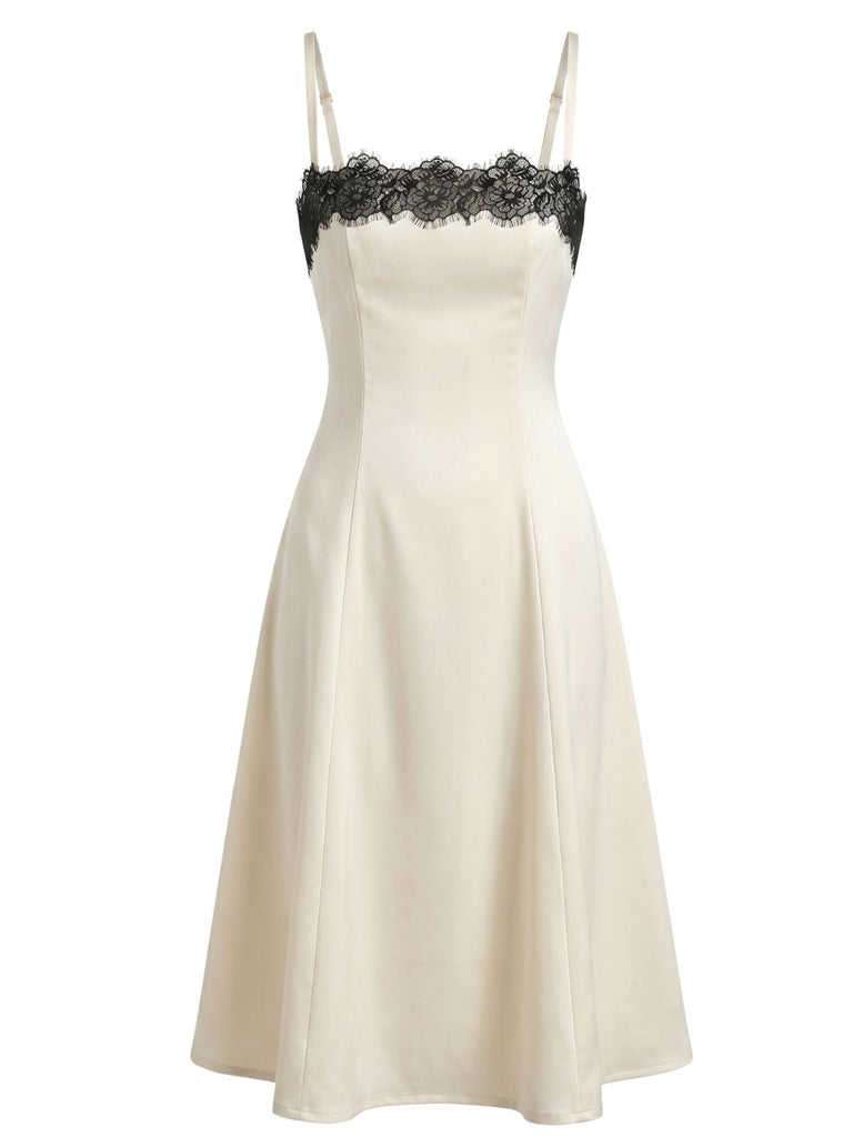 Beige 40er Kleid mit Spaghettiträger und Patchwork