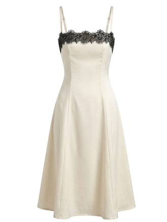 Beige 40er Kleid mit Spaghettiträger und Patchwork