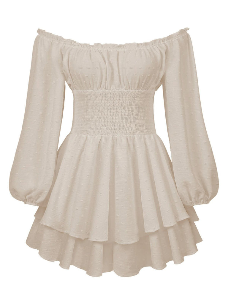 Beige 1950er Uni Schulterfrei Langarm Gesmoked Mini Kleid