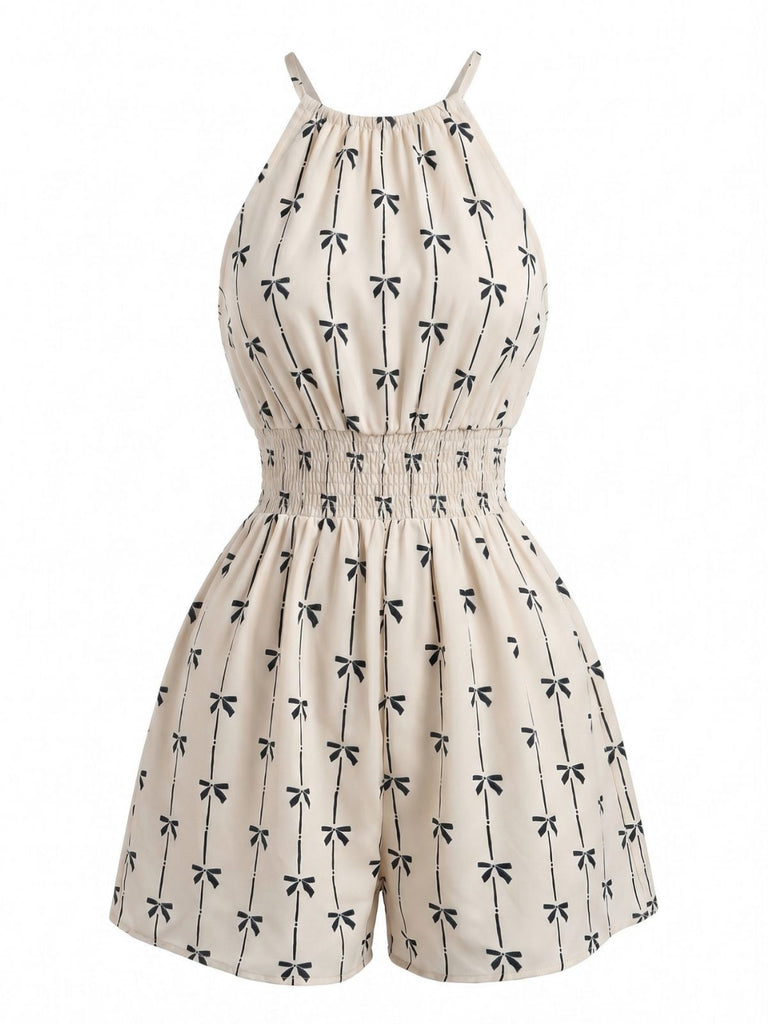 Beige 50er Ärmelloses Romper mit Neckholder und Schleife