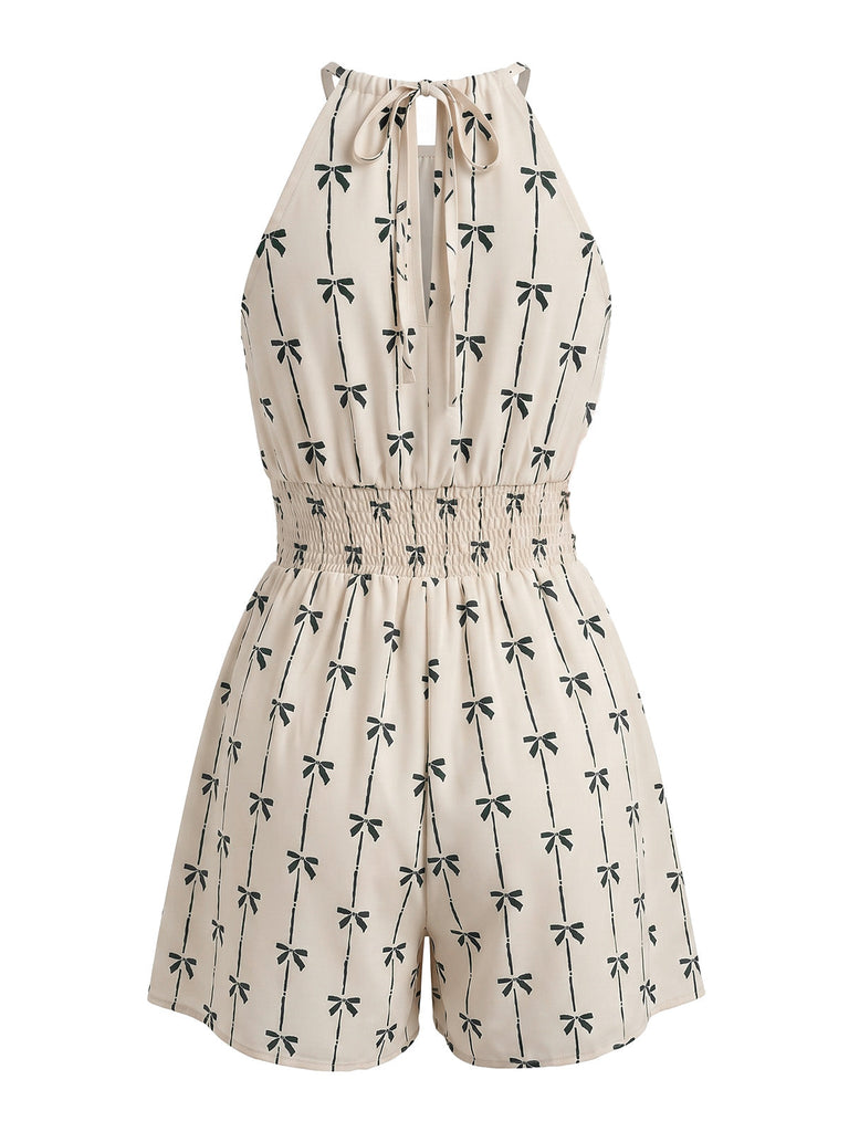 Beige 50er Ärmelloses Romper mit Neckholder und Schleife