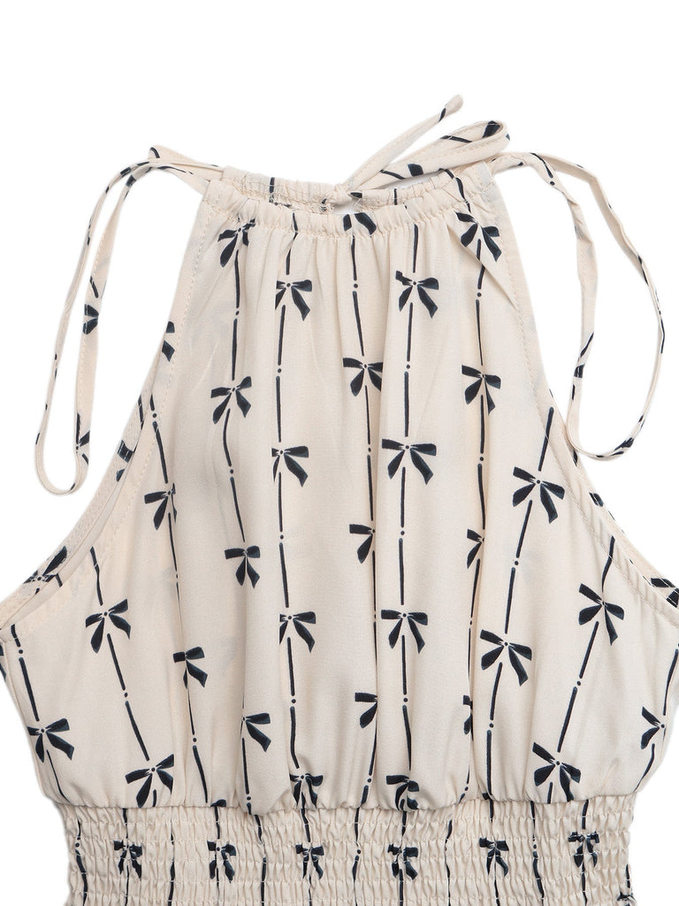 Beige 50er Ärmelloses Romper mit Neckholder und Schleife