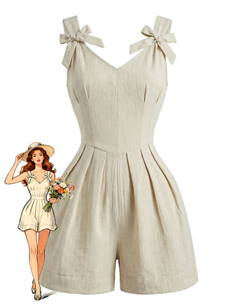 Beige 50er Romper mit Schleife und Plissee