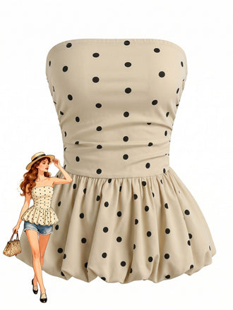 Beige 50er Trägerloses Top mit Polka-Dots und Peplum