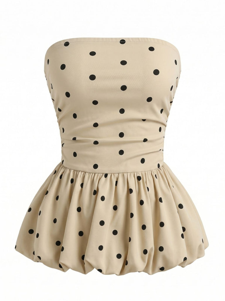 Beige 50er Trägerloses Top mit Polka-Dots und Peplum