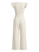 Beige 50er Jumpsuit mit Flatterärmel und Eckiger Ausschnitt