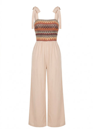 Beige 1970er Boho Binden Spaghetti Gurt Overall