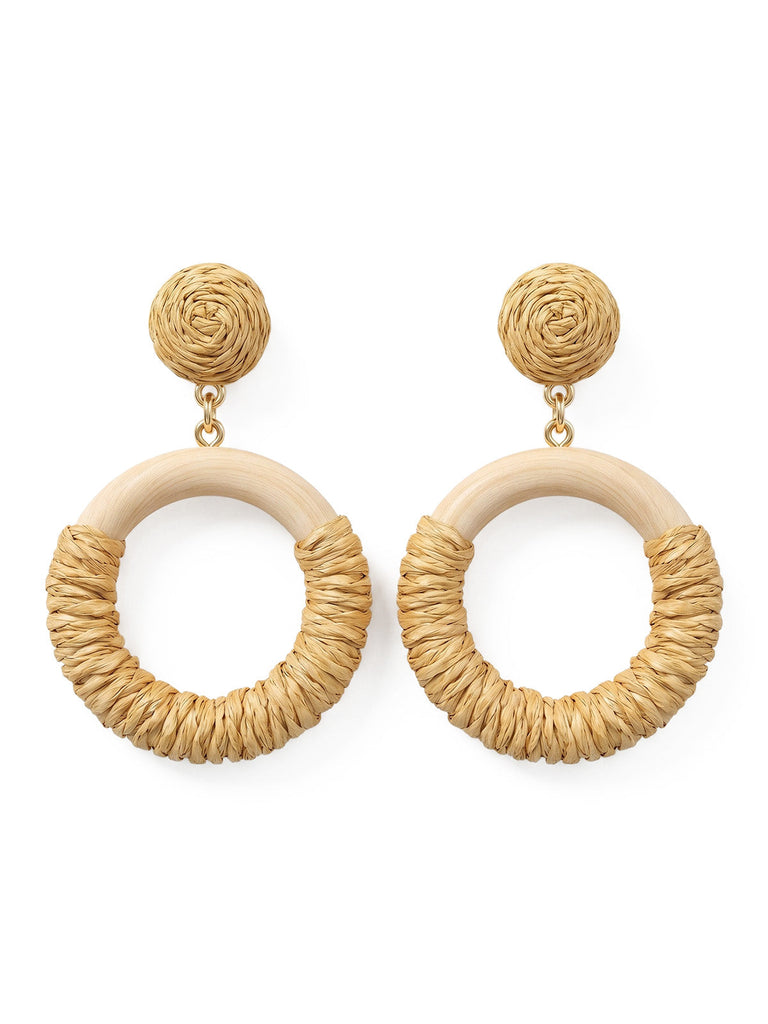 Beige Vintage Ohrringe mit Rattan und Wood