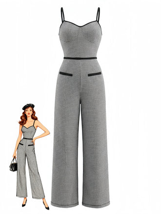 Schwarzer 30er Jumpsuit mit Spaghettiträger und Karo
