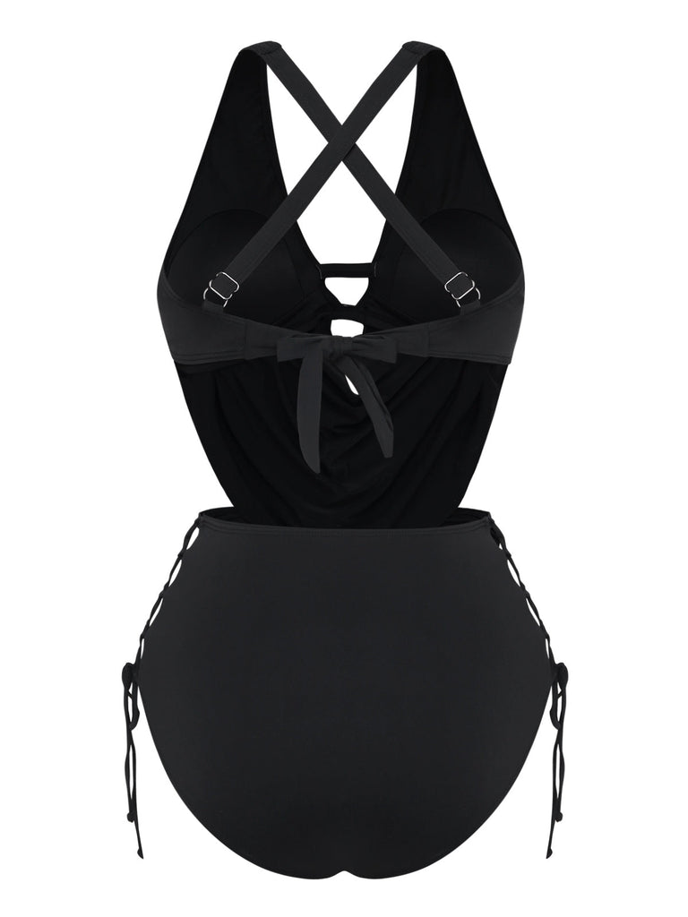 Schwarzer Vintage-Tankini mit gekreuzten Cut-out-Details und Schnürung im Stil der 1940er Jahre