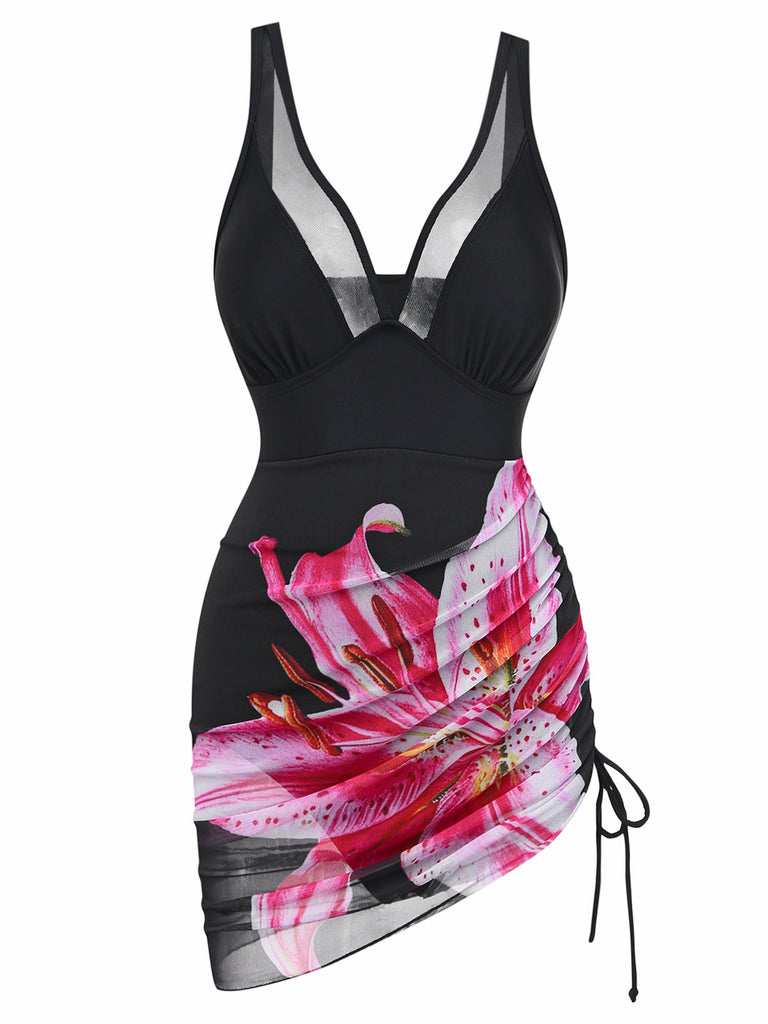 Schwarzer 40er Netz-Badeanzug mit V-Ausschnitt und Blumen