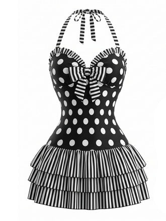 Schwarzer 40er Badeanzug mit Polka-Dots und Neckholder