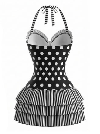 Schwarzer 40er Badeanzug mit Polka-Dots und Neckholder