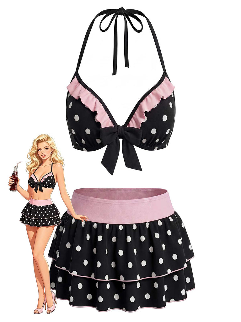 Schwarzes 40er Bikini-Set mit Polka-Dots und Neckholder