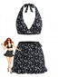 60er Bikini-Set mit Neckholder, Ditsy-Blumen-Print und Cover-Up in Schwarz