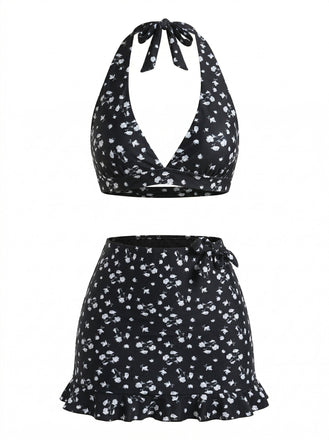 3PCS Schwarz 1960er Halfter Ditsy Blumen Bikini-Set & Abdeckung Up