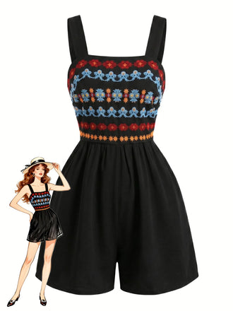Schwarzer 50er Romper mit Eckiger Ausschnitt und Blumen