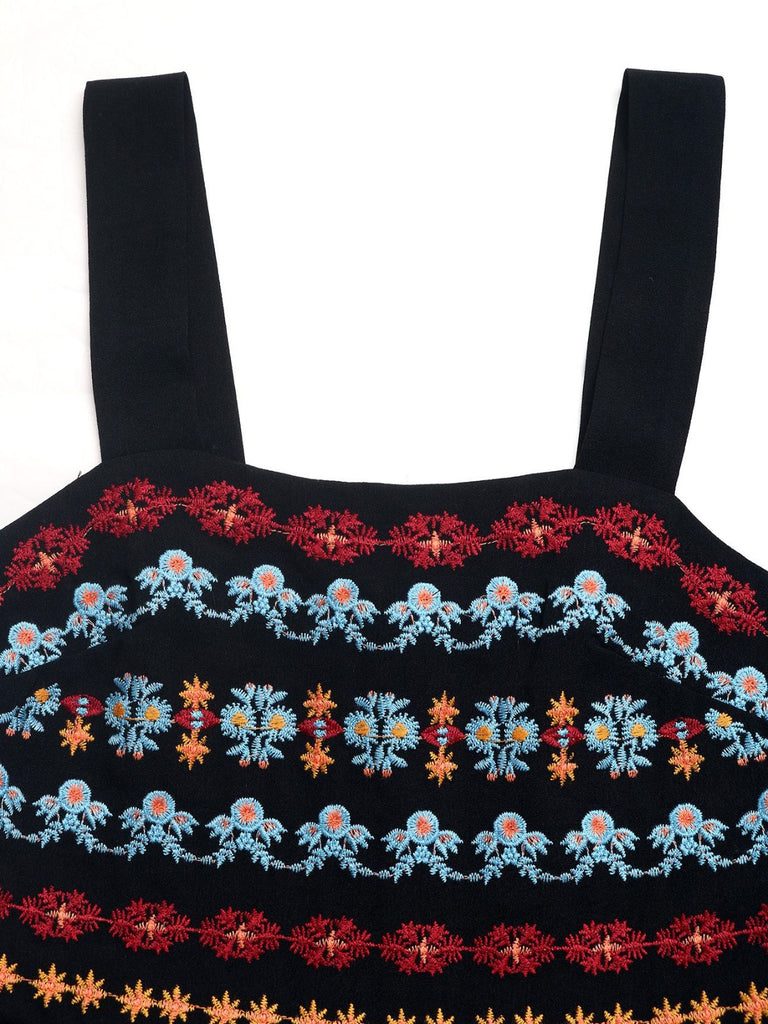 Schwarzer 50er Romper mit Eckiger Ausschnitt und Blumen