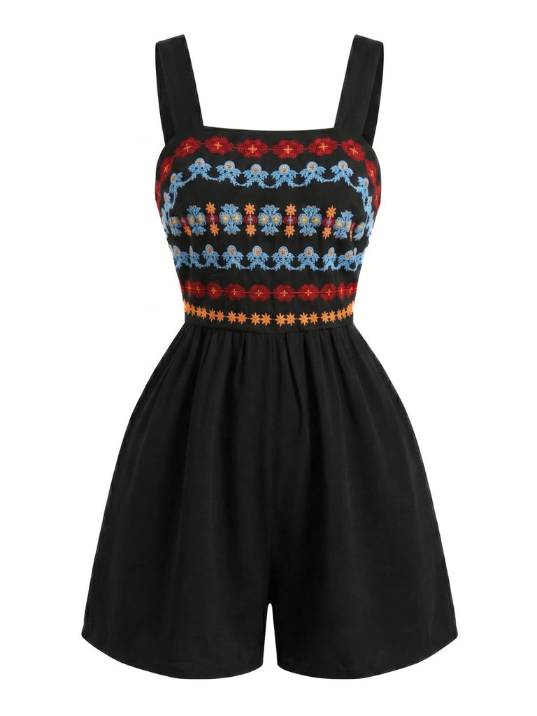 Schwarzer 50er Romper mit Eckiger Ausschnitt und Blumen