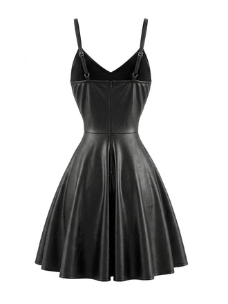 Schwarzes 50er Leder-Ärmelloses Kleid mit Taille