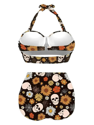 [Übergröße] Schwarz 1950er Blumen Schnürung Halter Bademode