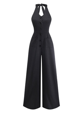 Schwarzer 50er Ärmelloses Jumpsuit mit Neckholder und Knopf